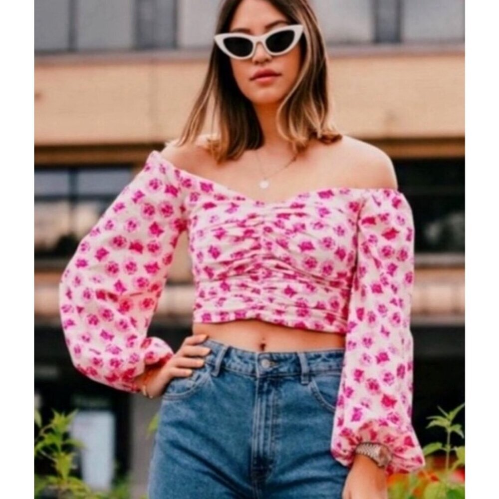 Zara Shirt Women Small Ivory Pink Floral Corset Bustier Long Sleeve Blouse Boho